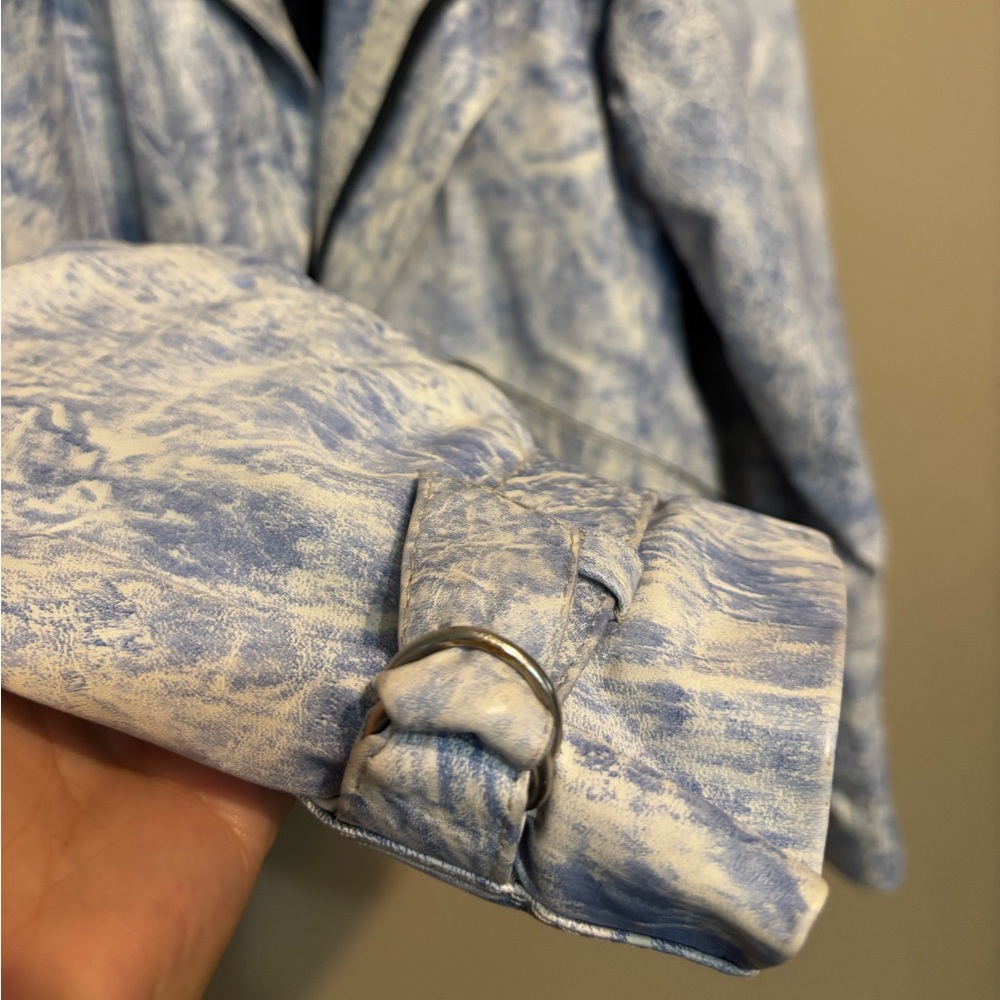 GENUINE LEATHER Vintage 80’s Acid Wash Denim Blue Moto Bomber Jacket Mexico Made - Picture 11 of 12